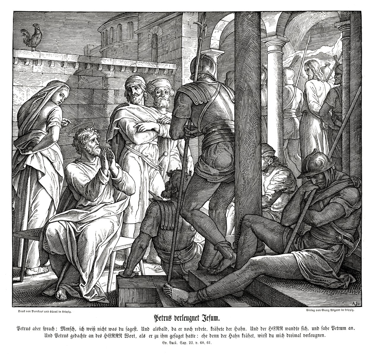 Piotr zapiera się Jezusa, Ewangelia Łukasza autorstwa Julius Schnorr von Carolsfeld