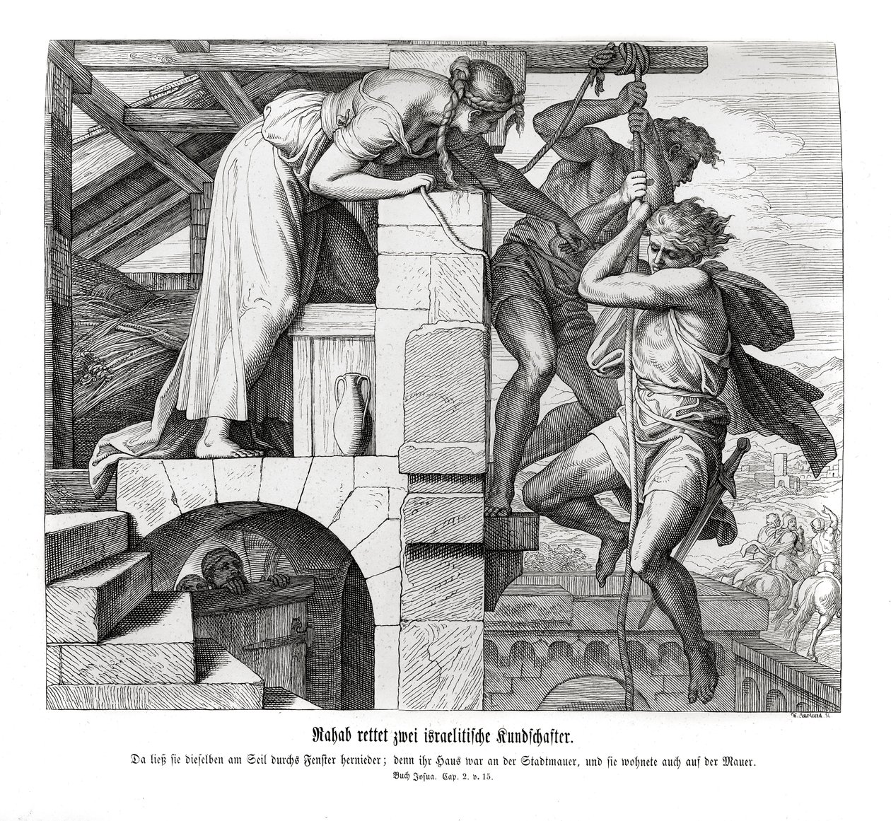 Rachab ratuje dwóch Izraelitów, Jozuego autorstwa Julius Schnorr von Carolsfeld