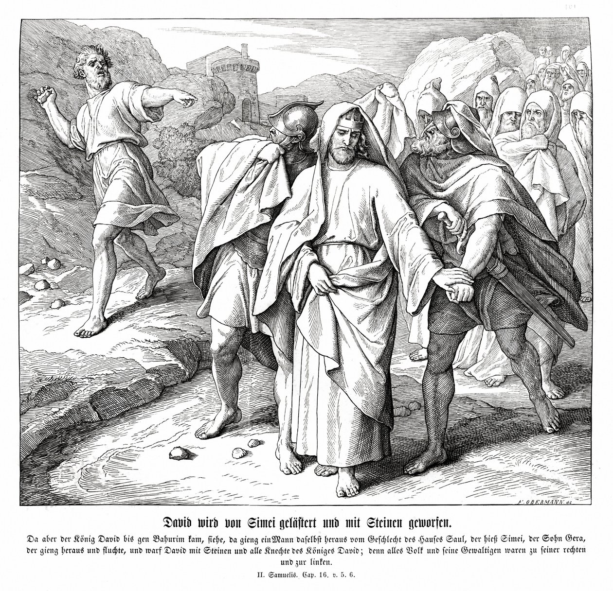 Szimej przeklina i rzuca kamieniami w Dawida, 2 Samuela autorstwa Julius Schnorr von Carolsfeld