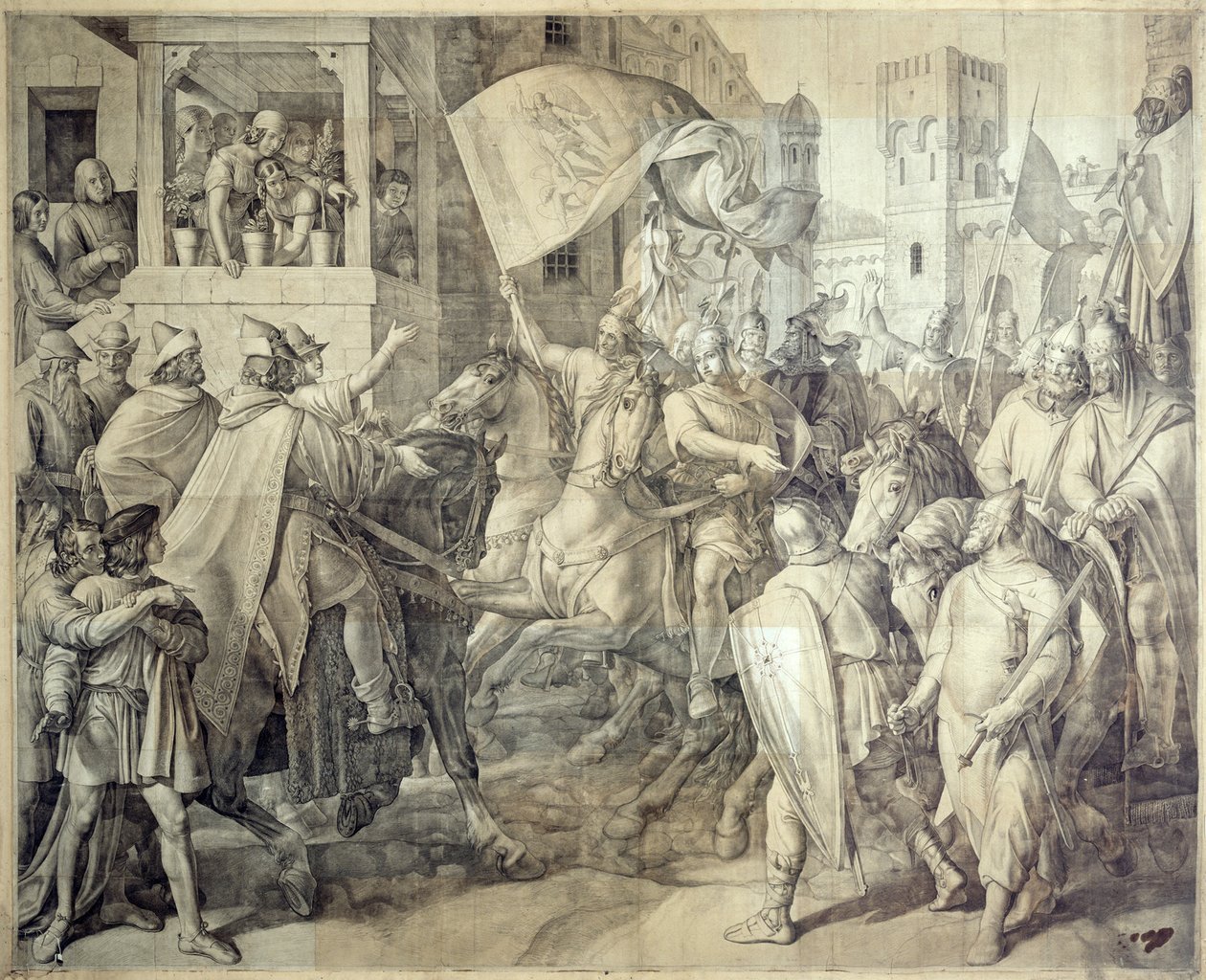 Powrót Zygfryda z wojny saskiej. Karton do fresków o Nibelungach w Königsbau rezydencji monachijskiej autorstwa Julius Schnorr von Carolsfeld