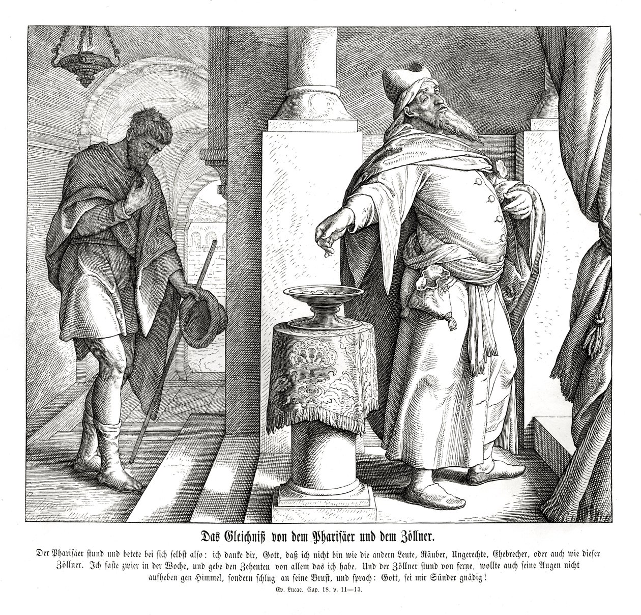 Faryzeusz i celnik, Ewangelia Łukasza autorstwa Julius Schnorr von Carolsfeld