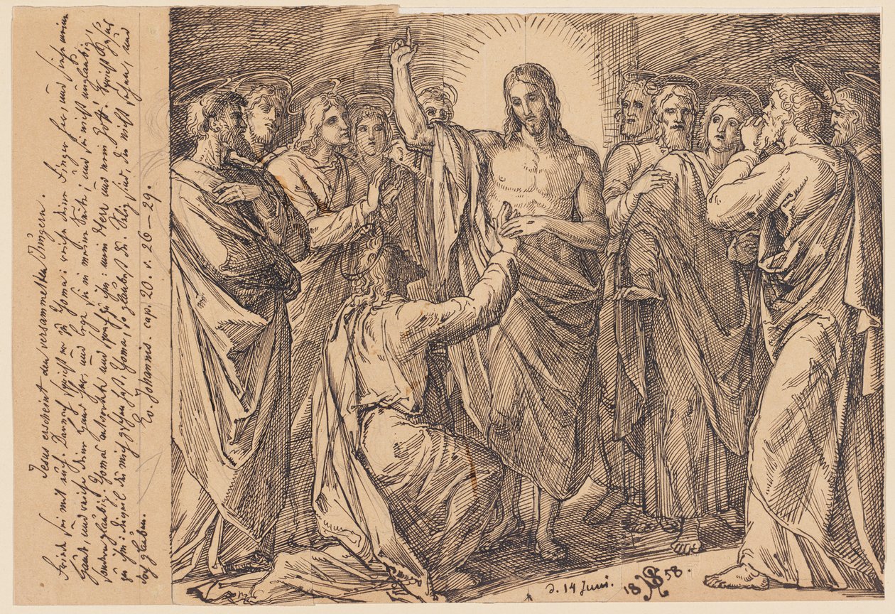 Jezus ukazuje się zgromadzonym uczniom. Pokój wam. Następnie mówi do Tomasza: ...? autorstwa Julius Schnorr von Carolsfeld
