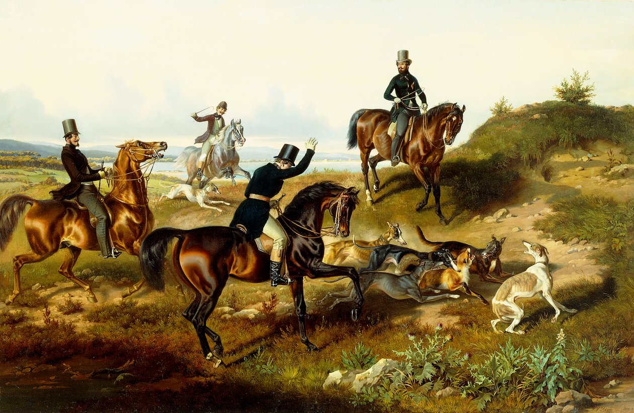Fryderyk II ze swoim polowaniem (olej na płótnie) autorstwa Julius Zimmerman