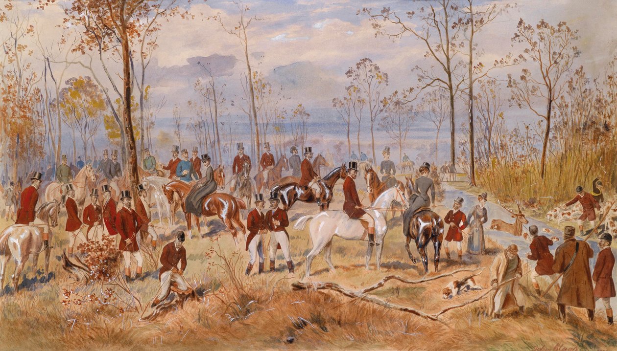 Polowanie. Praca Juliusa von Blaasa (1845-1922), akwarela na papierze, ok. 1890 r. Sztuka austriacka autorstwa Julius von Blaas