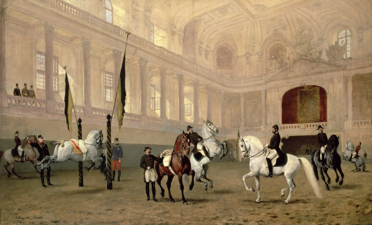 Poranne ćwiczenia w Hofreitschule, Josephsplatz, 1890 autorstwa Julius von Blaas  
