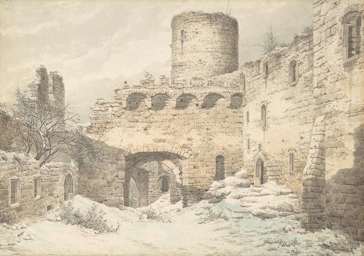 Zimowy widok na dziedziniec średniowiecznego zamku w ruinach, 1832 r. autorstwa Julius von Leypold