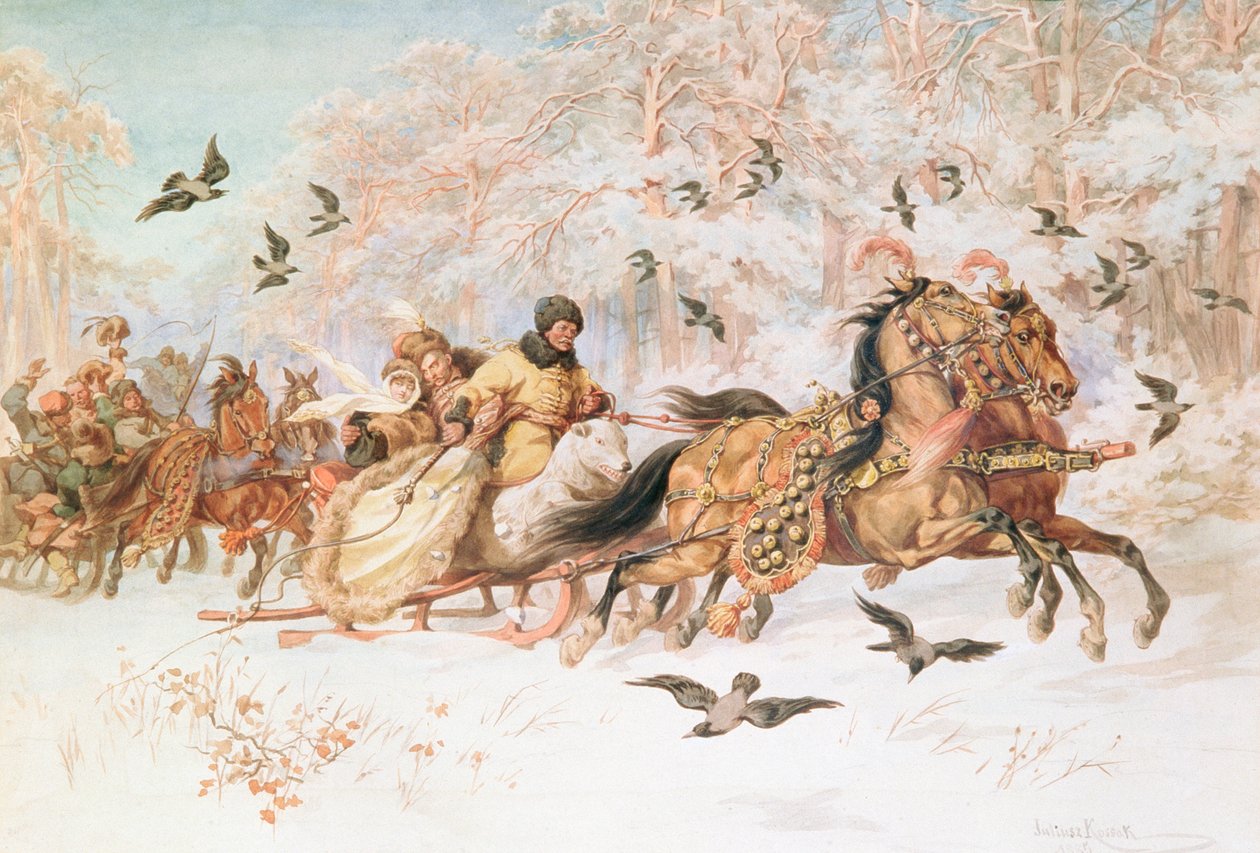 Olenka and Kmicic at Kulig, c.1887 autorstwa Juliusz Fortunat Kossak