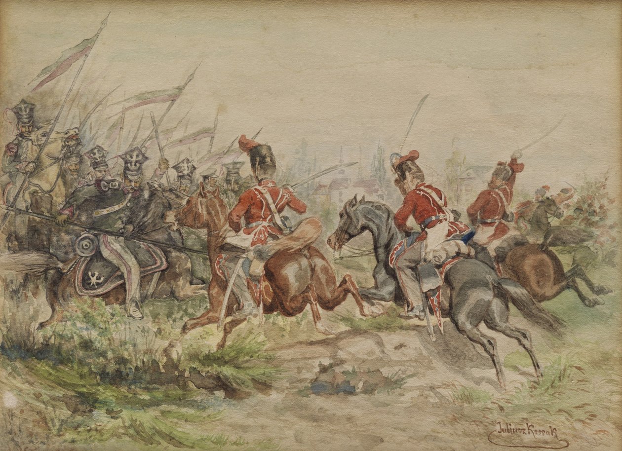 Polscy żołnierze walczący z Rosjanami. Akwarela. autorstwa Juliusz Fortunat Kossak