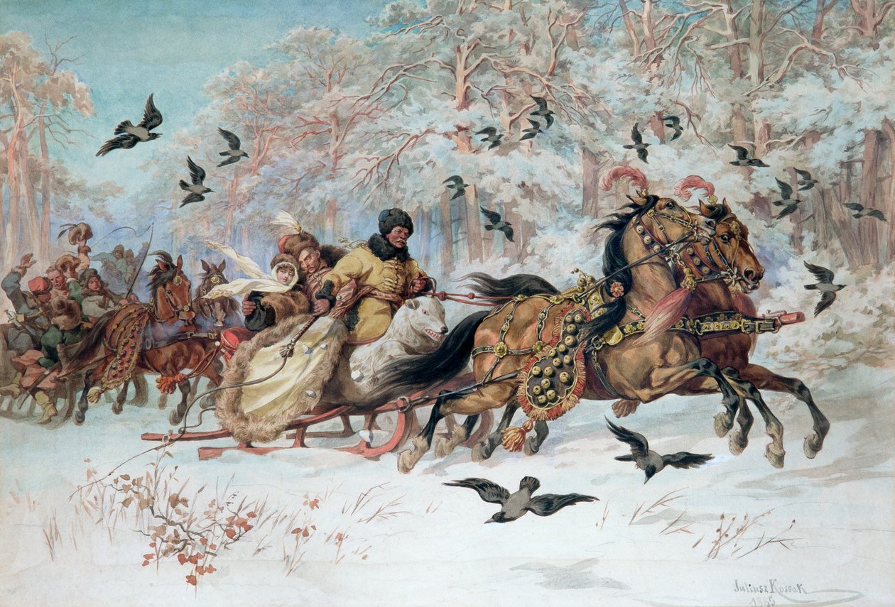 Oleńka i Kmicic w saniach, 1885 autorstwa Juliusz Fortunat Kossak