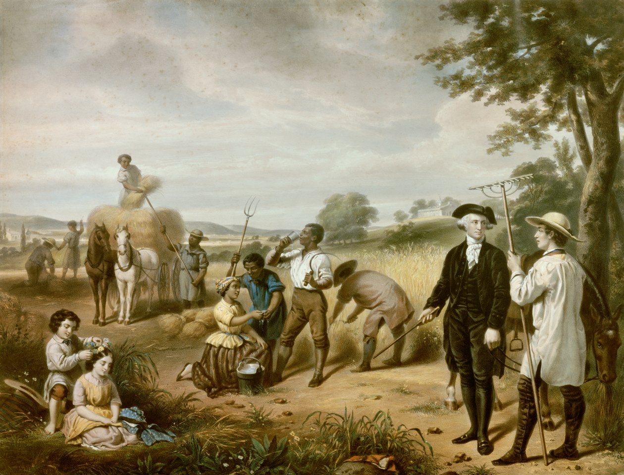 Washington the Farmer: George Washington (1732-1799) na polach Mont Vernon, jego plantacja w hrabstwie Fairfax w Wirginii. W lewym dolnym rogu przedstawiona jest dwójka jej pasierbów, John i Martha Parke Custis. Litografia autorstwa Junius Brutus Stearns