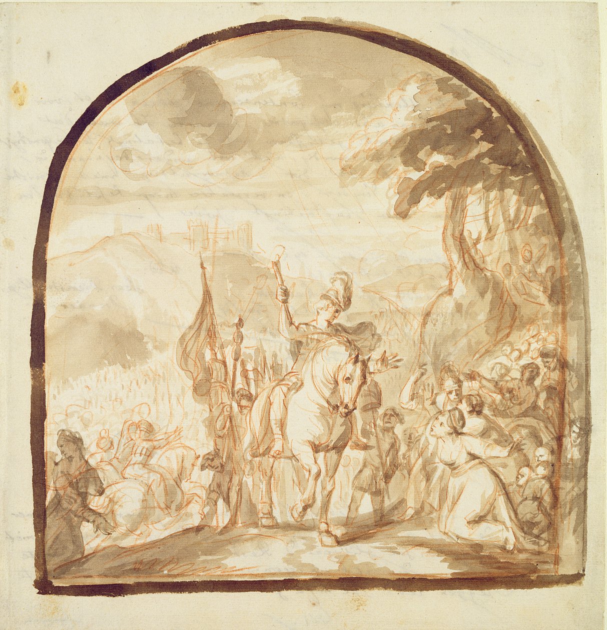 Claudius Civilis zostawia kobiety i dzieci, aby poszły i walczyły w Xanten, 1662 (pióro i brązowy atrament i kreda na papierze) autorstwa Jürgen Ovens