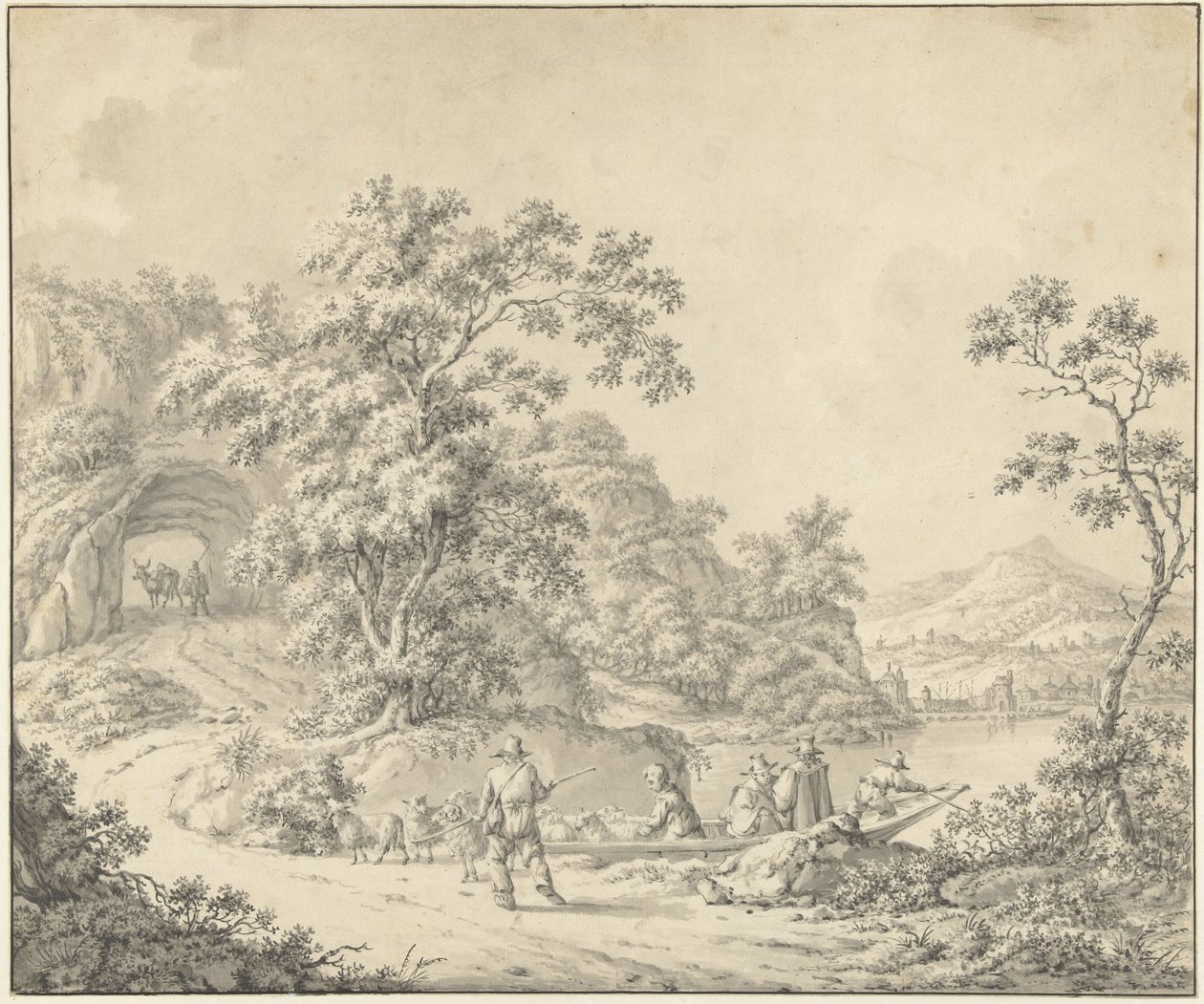 Krajobraz z łodzią, w której pasterz ze swoją trzodą autorstwa Jurriaan Andriessen (attributed to)