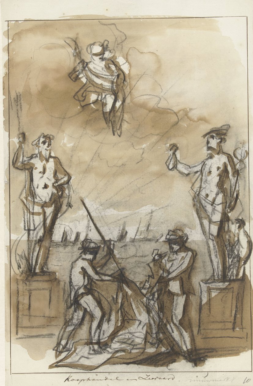 Handel i Żegluga, dekoracja na Nieuwmarkt, 1795 Handel i żegluga (tytuł na obiekcie) autorstwa Jurriaan Andriessen