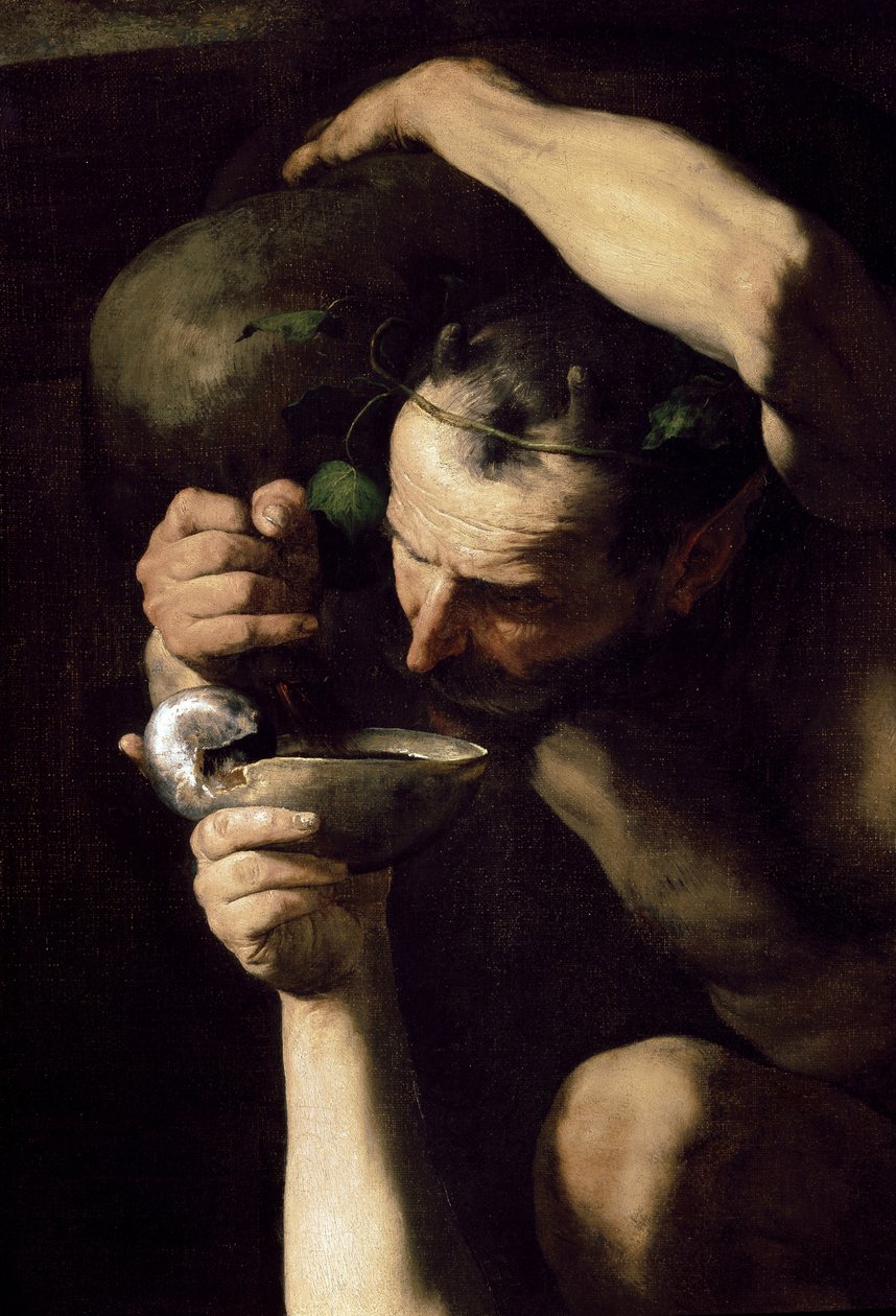 Drunk Silenus - Pijana Silenus (Szczegóły). Obraz Jose (Josepha) z Ribery, autorstwa Spagnoletto (1591-1652) autorstwa Jusepe de Ribera