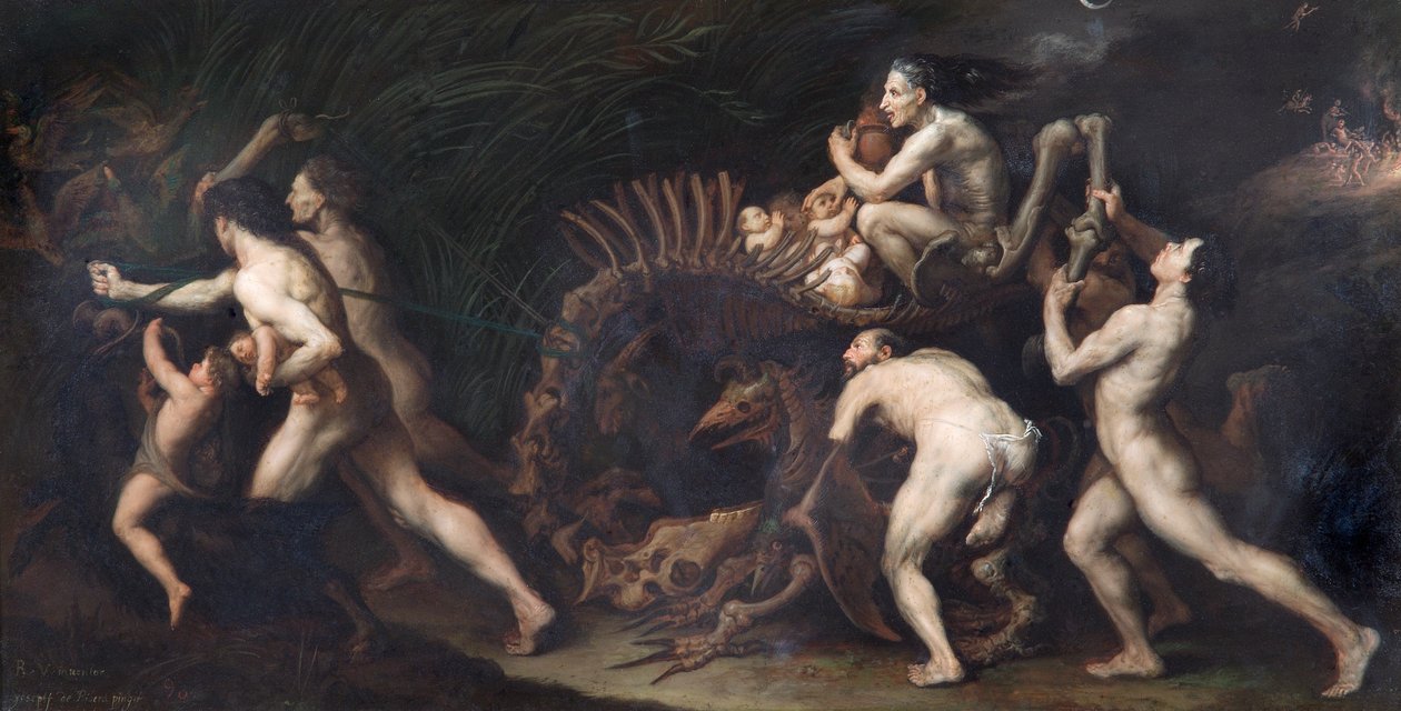 La Carcasse: Czarownica rysowana na szkielecie potwora, sprzed ok. 1620 r. (olej na miedzi) autorstwa Jusepe de Ribera