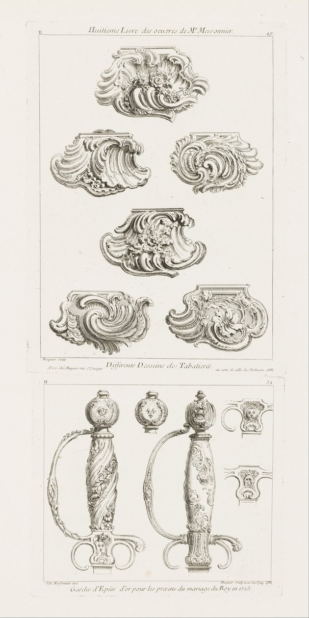 Differents Desseins de Tabatieres, premiere planche (Różne wzory tabakierek), s. 49 w Oe... autorstwa Juste Aurèle Meissonnier