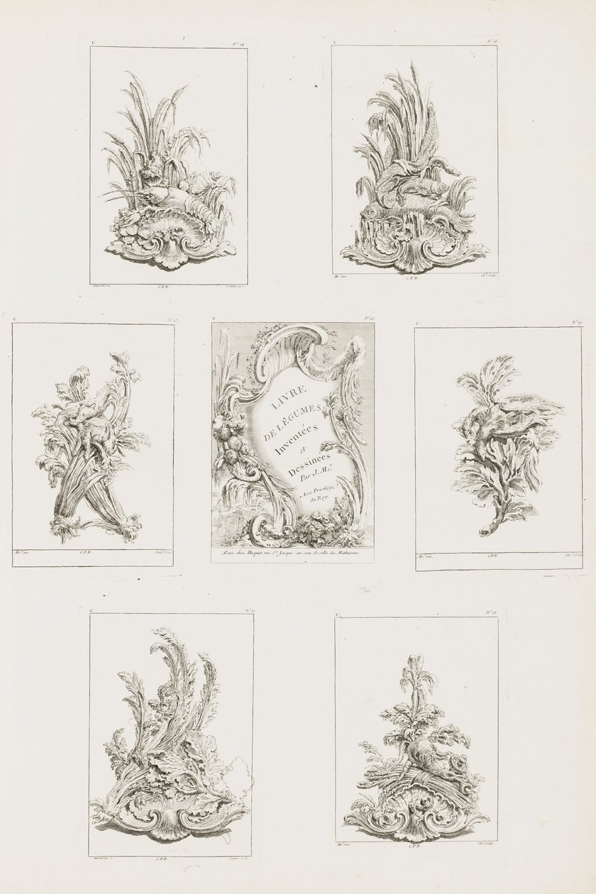 Wzór ornamentu z motywem raka, pl. 14 w Livre des Légumes (Seria Ornamentów Roślinnych) pl. i... autorstwa Juste Aurèle Meissonnier