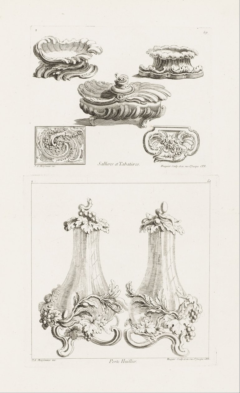 Sallieres et Tabatières (solniczki i tabakierki), płyta 69 w Dziełach Juste-Aurèle Meissonni ... autorstwa Juste Aurèle Meissonnier