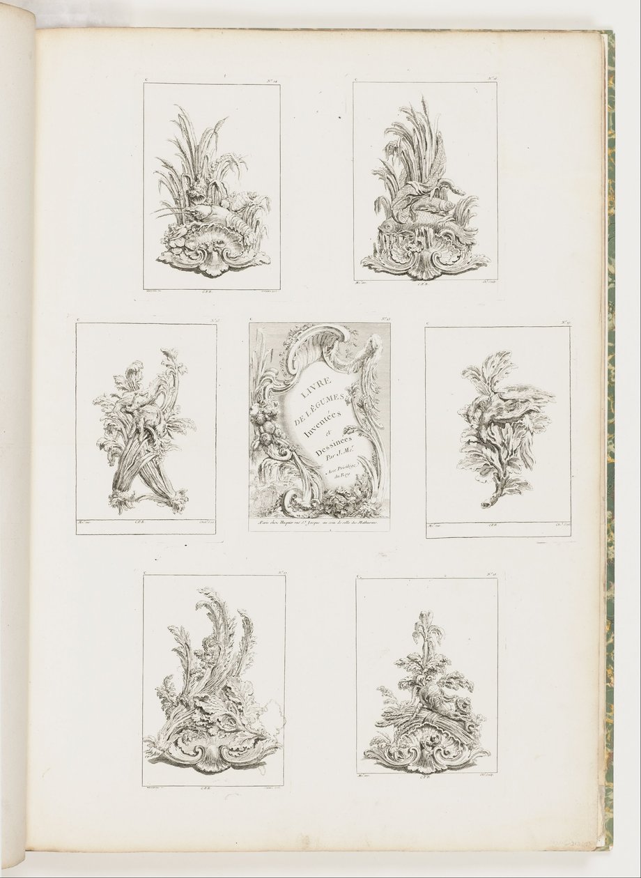 Ornament z motywem raka, pl. 14 w Livre des Légumes (Seria Ornamentów Roślinnych) pl. i. autorstwa Juste Aurèle Meissonnier