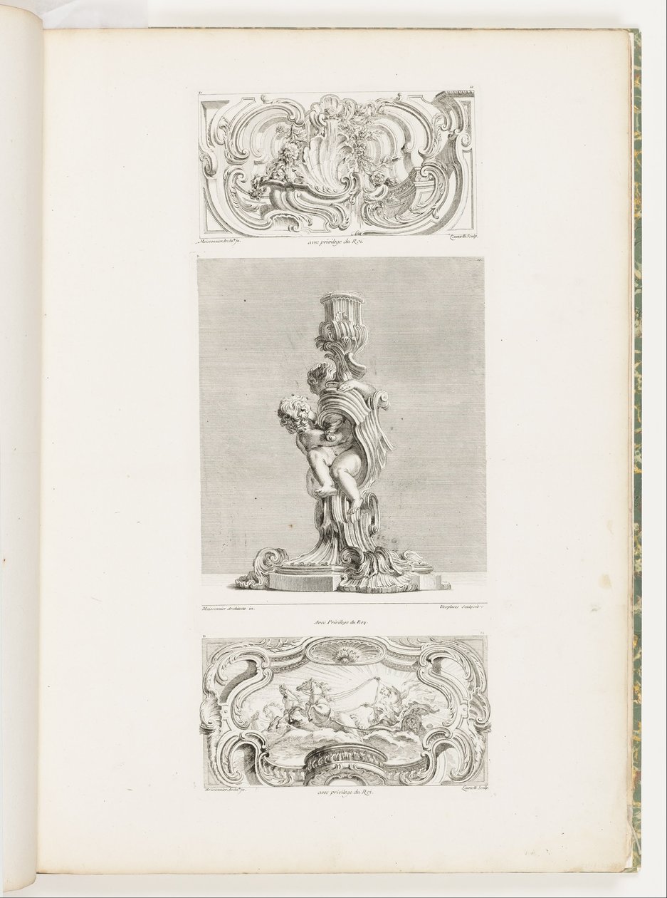 Ozdobny panel z fontanną muszlową otoczony girlandami i wolutami, pl. 22 w Oeuvre de Juste-Aurèle autorstwa Juste Aurèle Meissonnier
