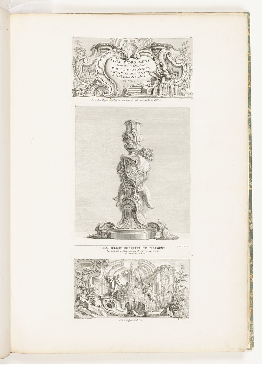 Ornamenty Książki wymyślone i narysowane przez J.A. Meissonniera Architekta, Rysownika Sypialni i Gabinetu DU ROI, pl. 20 w Dziełach Juste-Aurèle Meissonnier autorstwa Juste Aurèle Meissonnier