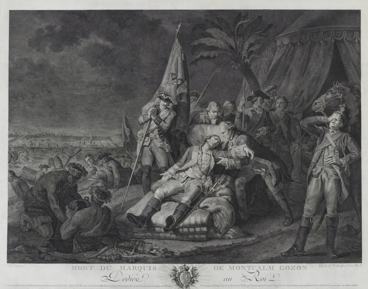 Śmierć markiza de Montcalm Gozon (rycina) autorstwa Juste Chevillet