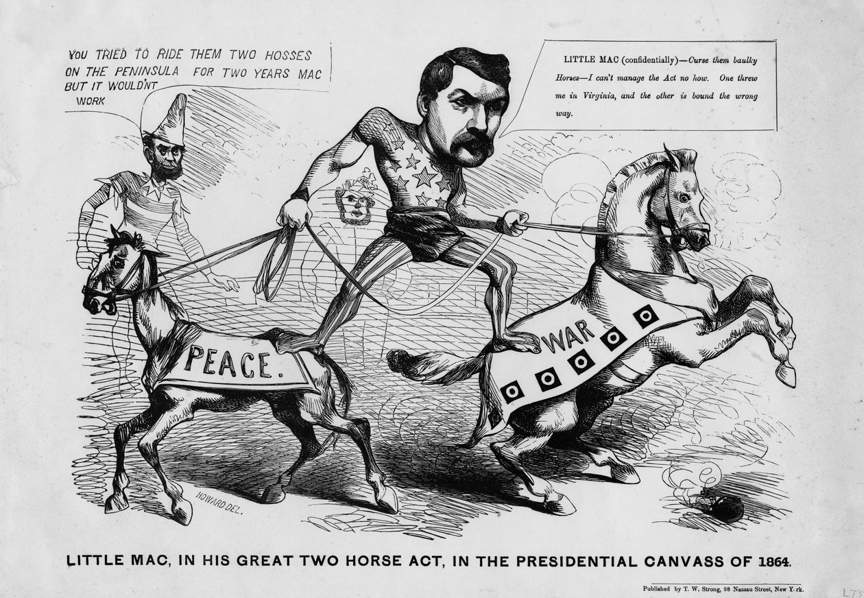 Little Mac, w swoim wielkim akcie dwóch koni, na prezydenckim płótnie z 1864 r., opublikowanym przez T.W Strong, Nowy Jork, ok. 1864 r. autorstwa Justin Howard