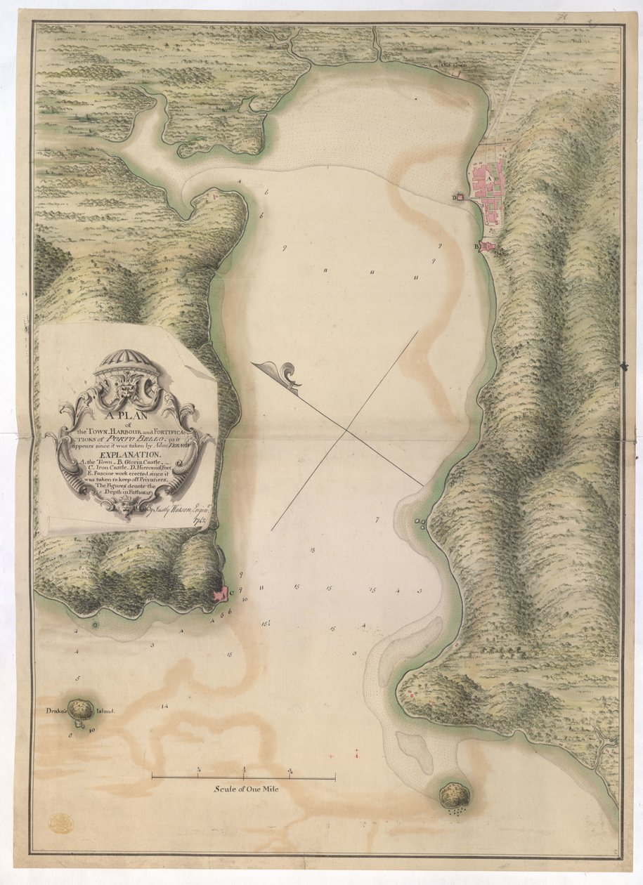 PLAN MIASTA. HARBOUR and FORTIFICATIONS of PORTO BELLO. jak się wydaje od czasu przejęcia go przez adm: VERNON / By Justly Watson; Enginr: 1742. autorstwa Justly Watson