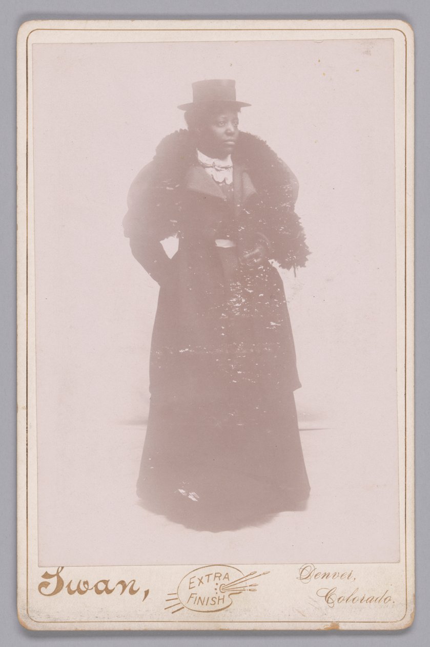 Karta gabinetowa niezidentyfikowanej kobiety w cylindrze i futrzanej stule, ca. 1895. autorstwa Justus C. Swan
