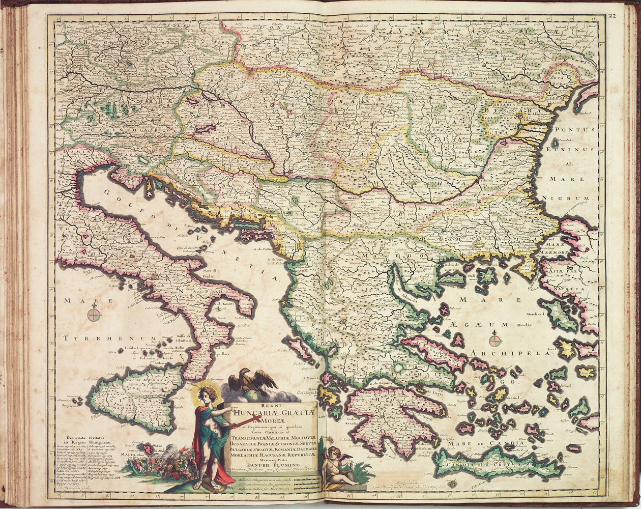 Atlas Justusa Danckersa: Węgry i Grecja, ok. 1688 r. (kolorowana rycina) autorstwa Justus Danckertsz