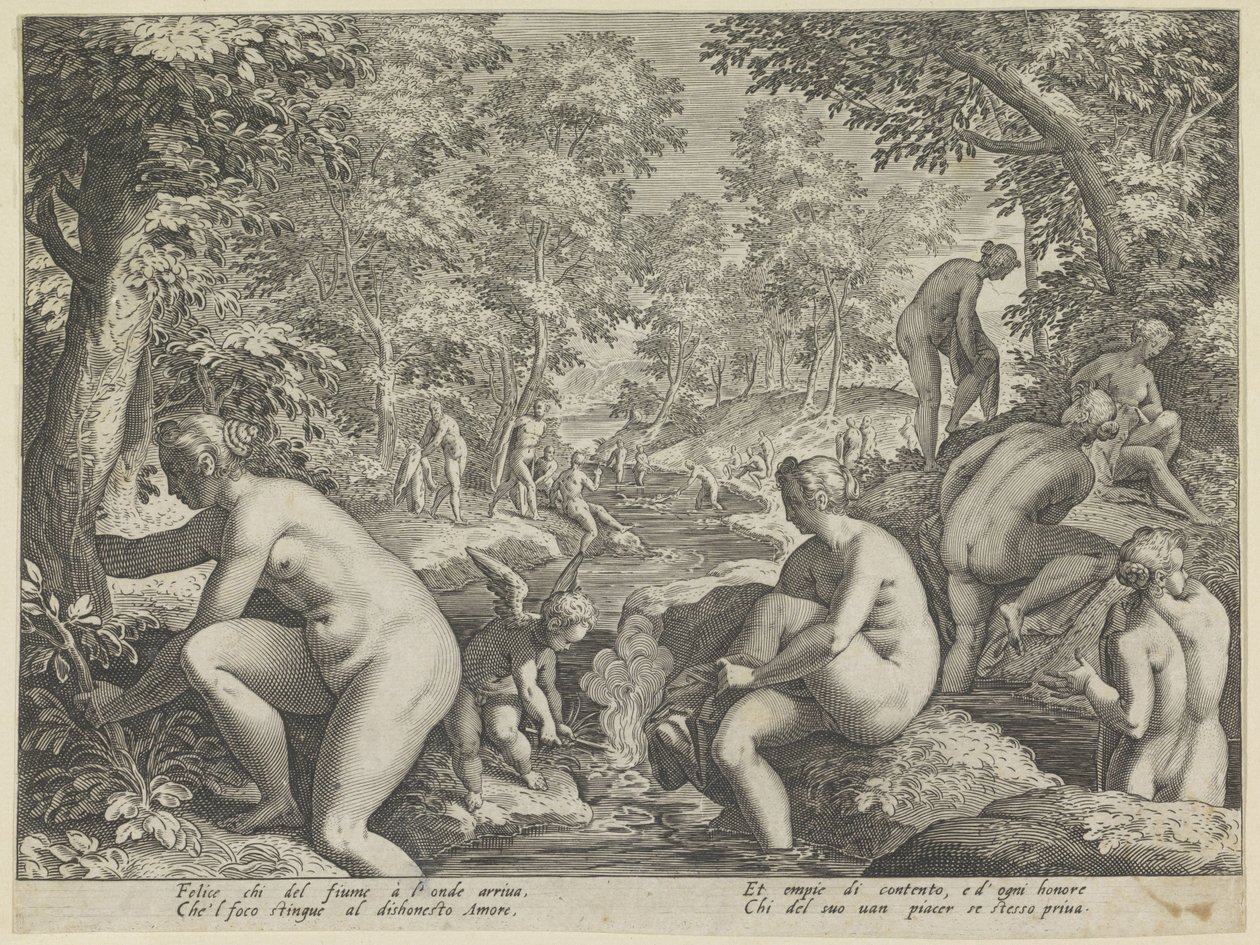 Kąpiące się kobiety i mężczyźni Amore Leteo Różne aspekty miłości (tytuł serii) autorstwa Justus Sadeler (attributed to)