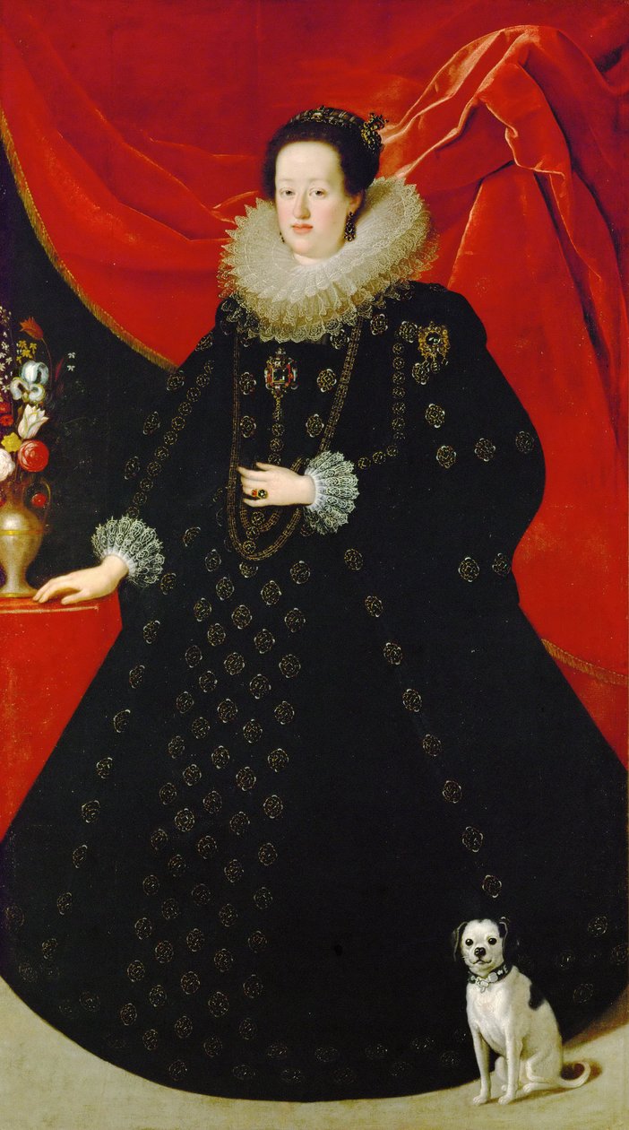 Eleonore de Gonzague (ou de Mantoue) - Portret Eleonory Gonzagi (1598-1655), w czarnej sukni, autorstwa Sustermansa, Justusa (Giusto) (1597-1681). Olej na płótnie, ok. 1624. Wymiar: 207x108 cm. Muzeum Historii Sztuki, Wiedeń autorstwa Justus Sustermans