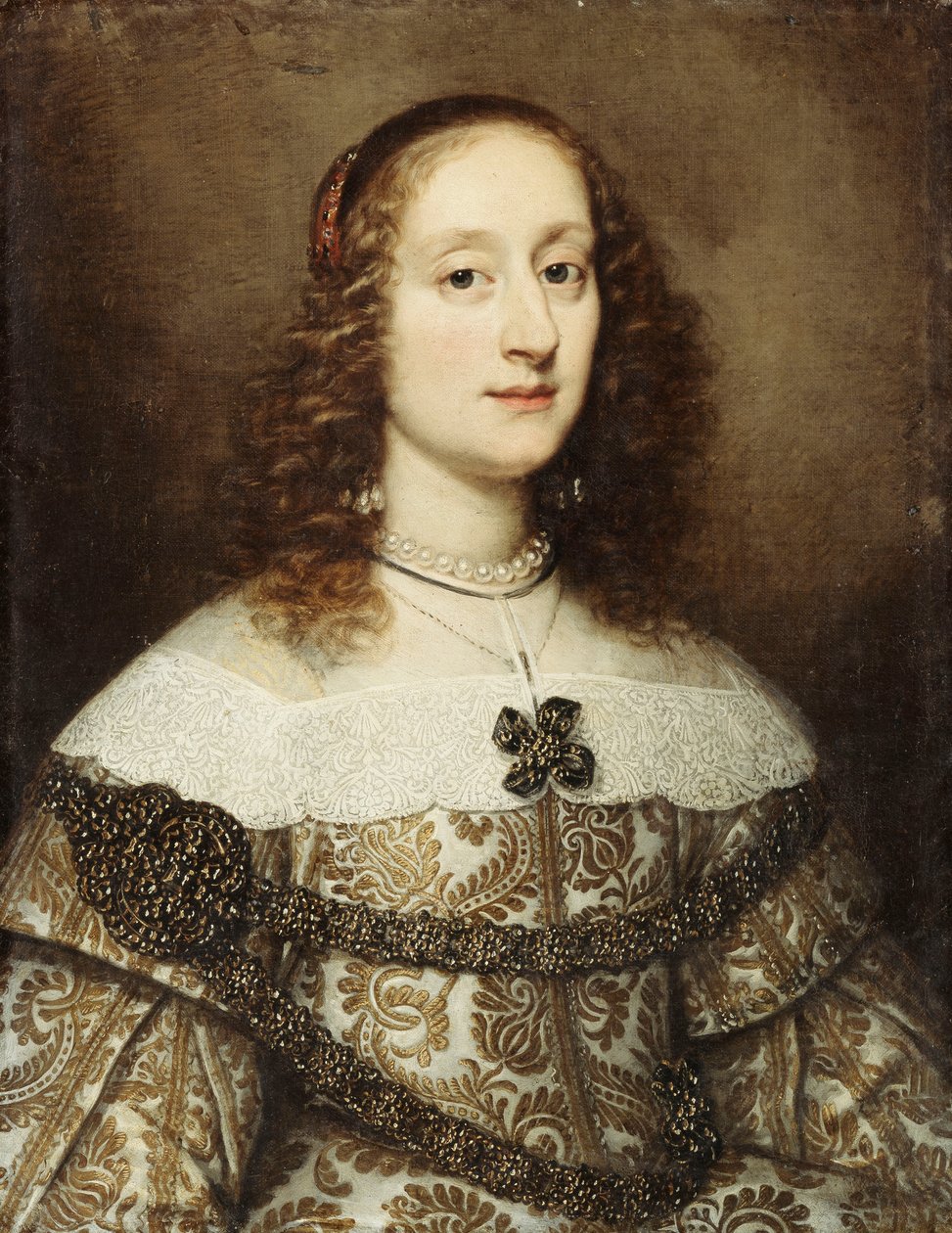 Portret damy, do połowy długości, ubrana w złotą haftowaną suknię, autorstwa Justus Sustermans