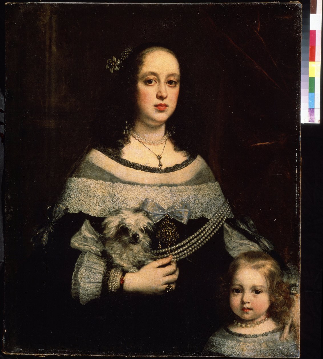Portret kobiety i małej dziewczynki (Portret damy i małej dziewczynki). Obraz Justusa Suttermansa (1597-1681). Olej na płótnie, 89 x 74 cm, ok. 1660. Sztuka flamandzka, styl barokowy. Muzeum Sztuk Pięknych im. Puszkina w Moskwie. autorstwa Justus Suttermans