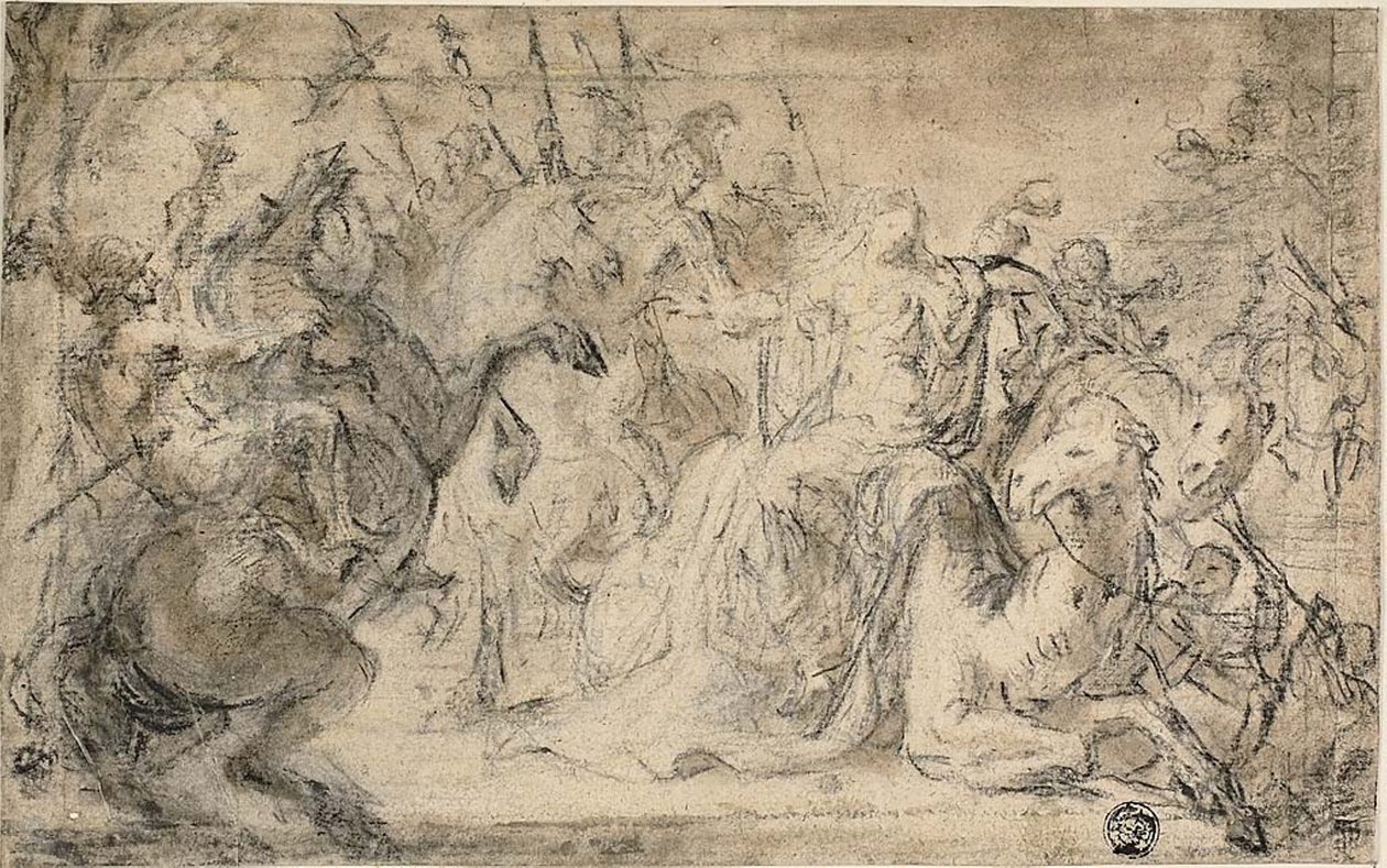 Zenobia w otoczeniu konnych żołnierzy autorstwa Justus van Egmont