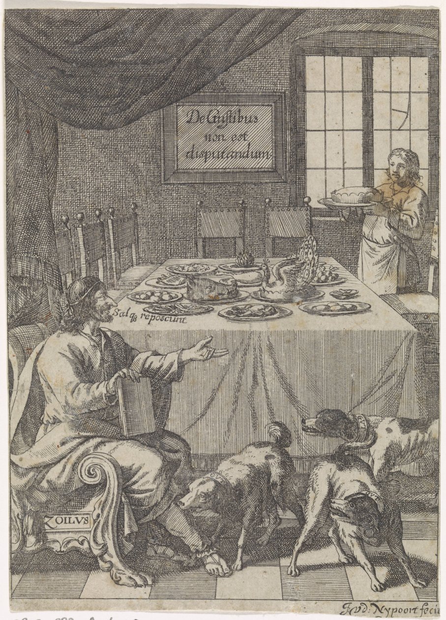 Zoilus siedzi przy nakrytym stole De Gustibus non est disputandum (tytuł na przedmiocie) autorstwa Justus van den Nijpoort
