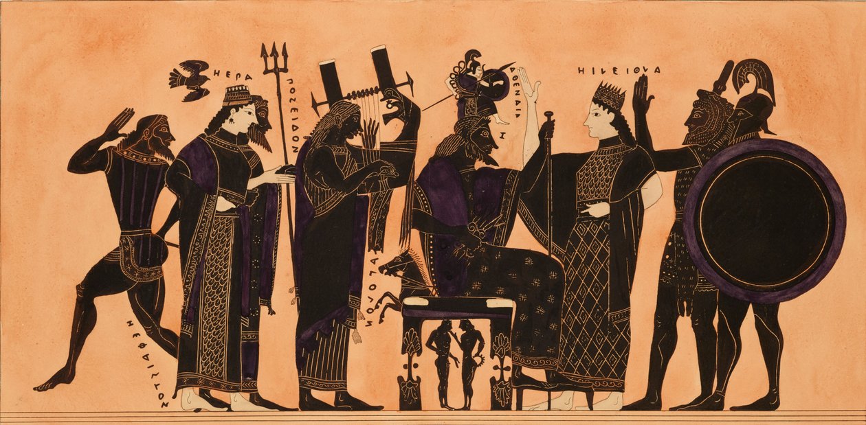 Nadruk Dekoracji na greckiej amforze, przedstawiający Hefajstosa, Herę, Posejdona..., c1844. autorstwa Kaeppelin et Compagnie
