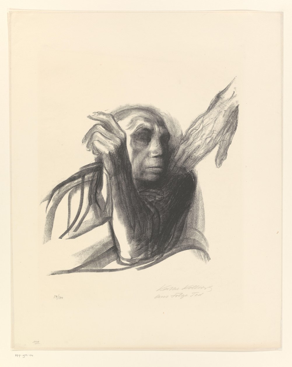 Käthe Kollwitz jako stara kobieta z ręką na ramieniu Ruf des Todes (tytuł oryginalny) Śmierć (tytuł serii) Tod (oryginalny tytuł serii) autorstwa Käthe Kollwitz (signed by artist)