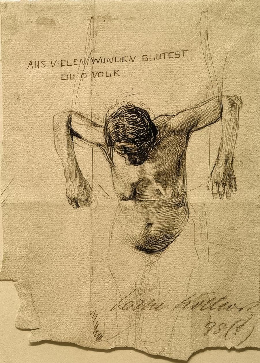 Nagie studium do rytowania Krwawicie z wielu ran, o ludzie autorstwa Käthe Kollwitz