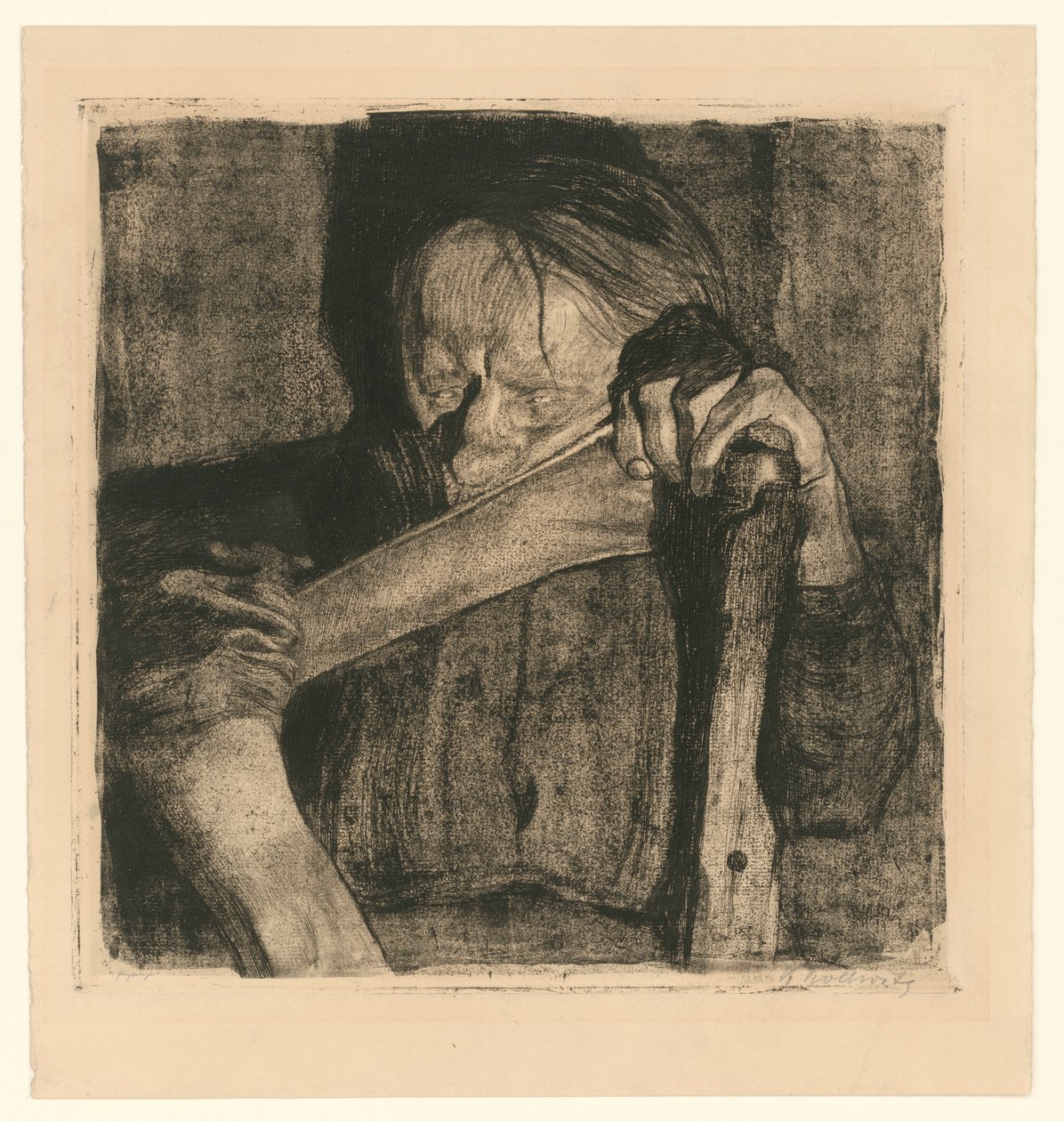 Podczas młócenia (arkusz 3 z „Bauernkrieg”, 5. wersja) autorstwa Käthe Kollwitz