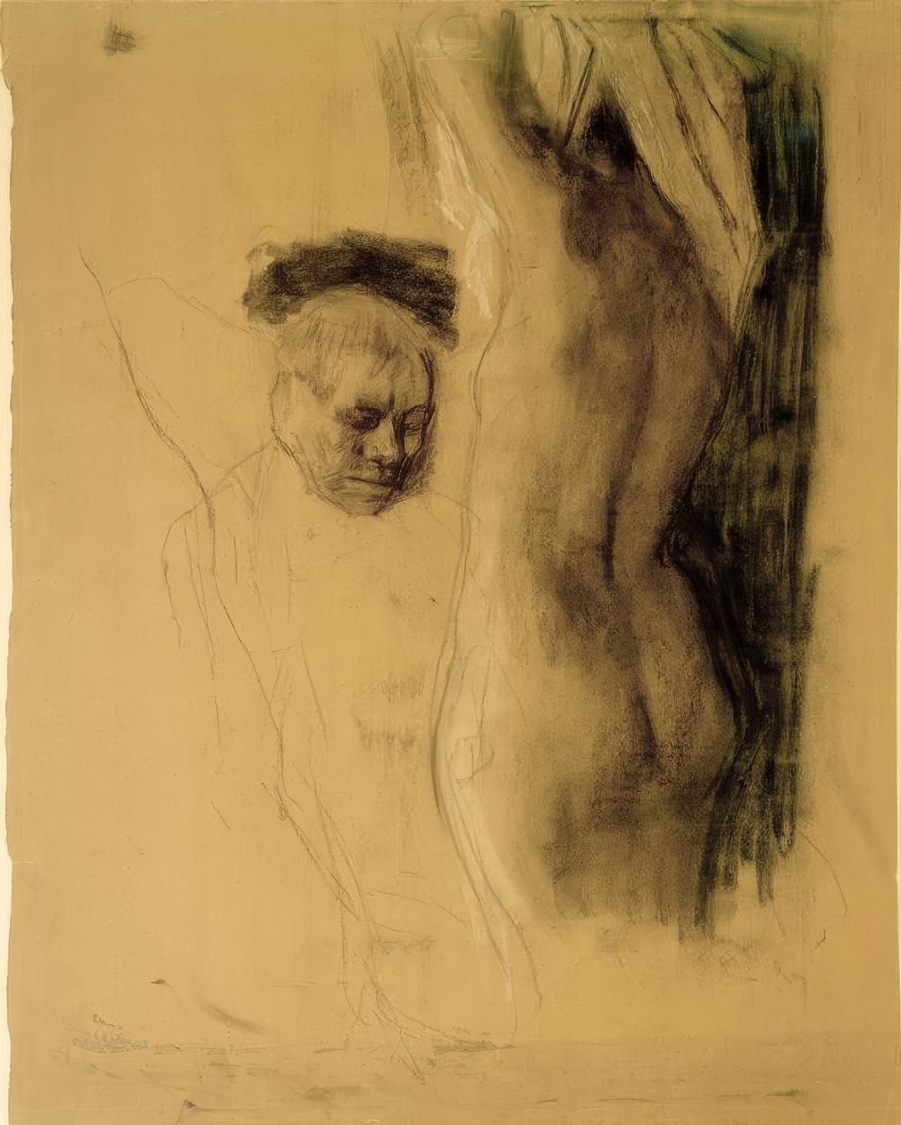 K. Kollwitz, mężczyzna klęczący przed aktem kobiecym autorstwa Käthe Kollwitz