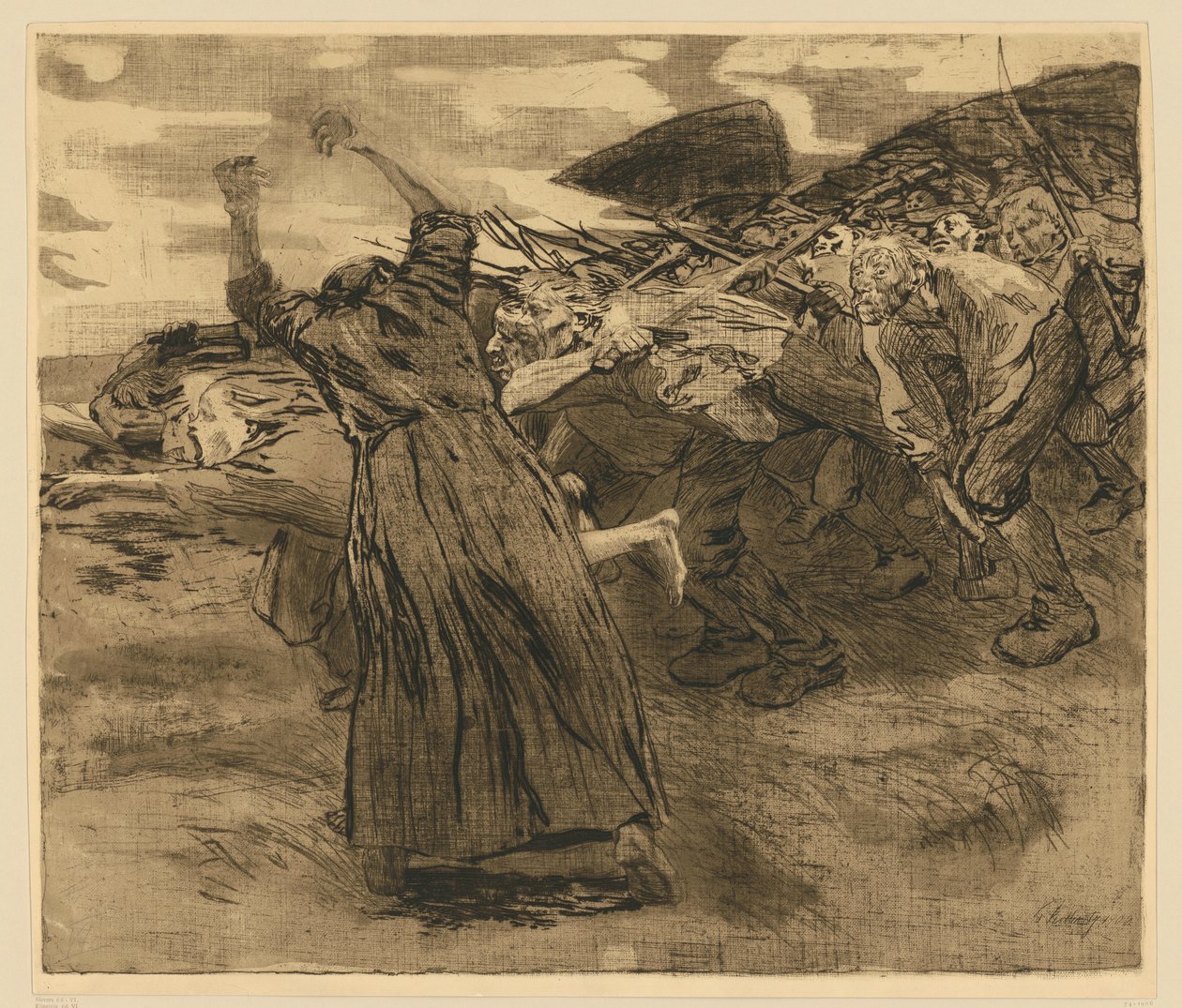 Wybuch (plansza 5 z „Wojny chłopskiej”, stan 6) autorstwa Käthe Kollwitz