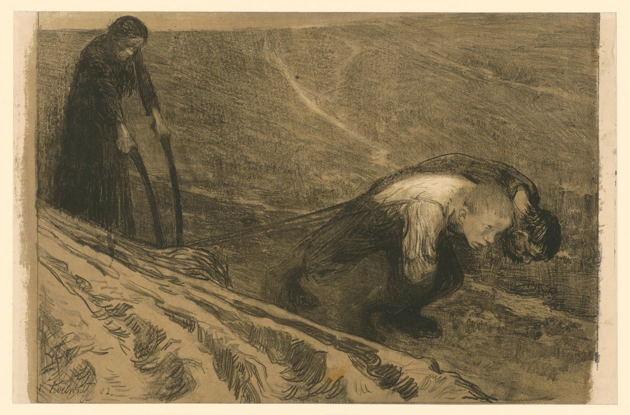 Ciągnący pług i kobieta (Odrzucona wersja do planszy 1 z „Wojny chłopskiej”, stan pierwszy) autorstwa Käthe Kollwitz