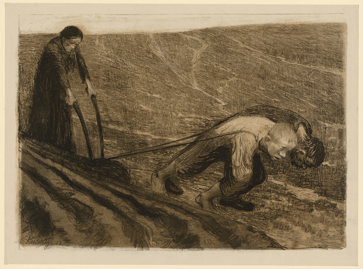 Ciągnący pług i kobieta (Odrzucona wersja do planszy 1 z „Wojny chłopskiej”, stan 2) autorstwa Käthe Kollwitz