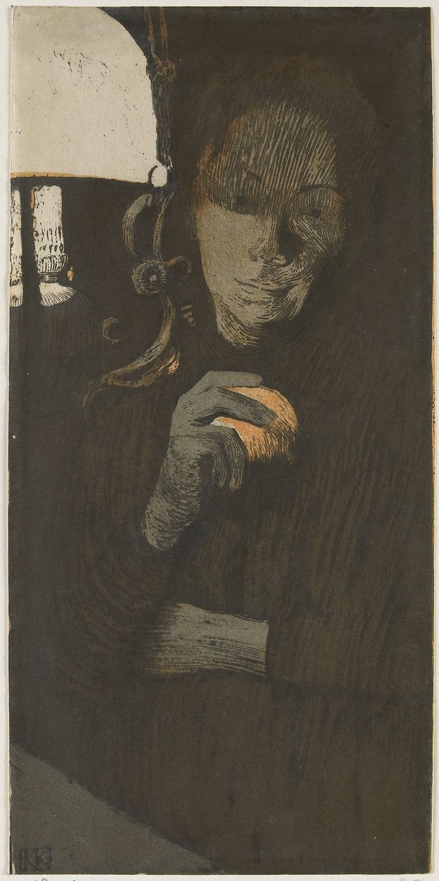 Portret nieznanej kobiety z pomarańczą przy lampie Frau mit Orange (tytuł oryginalny) autorstwa Käthe Kollwitz