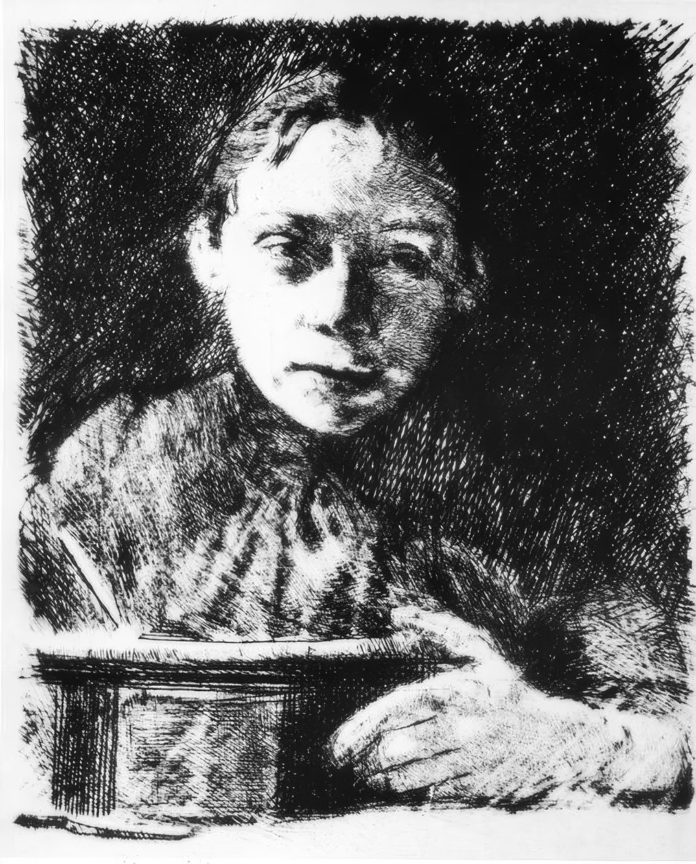 Autoportret na desce kreślarskiej autorstwa Käthe Kollwitz