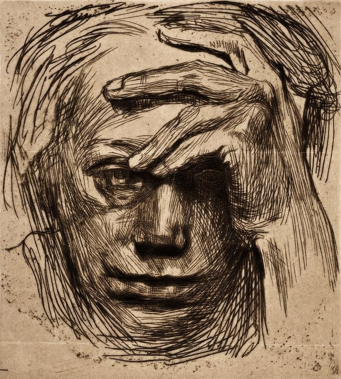 Autoportret z ręką na czole autorstwa Käthe Kollwitz
