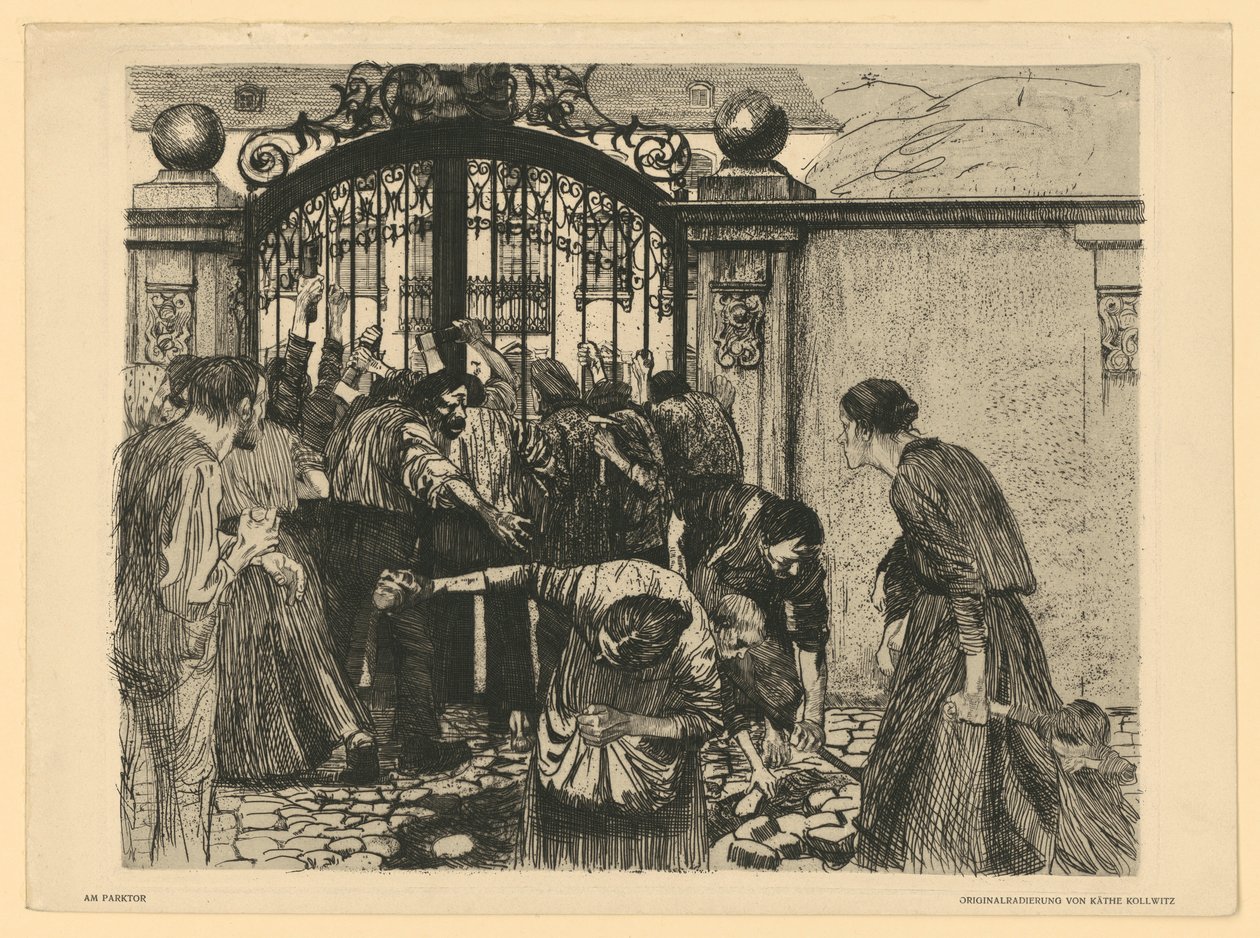 Burza [Przy bramie parku] (Plansza 5 z „Buntu tkaczy”, stan 2) autorstwa Käthe Kollwitz