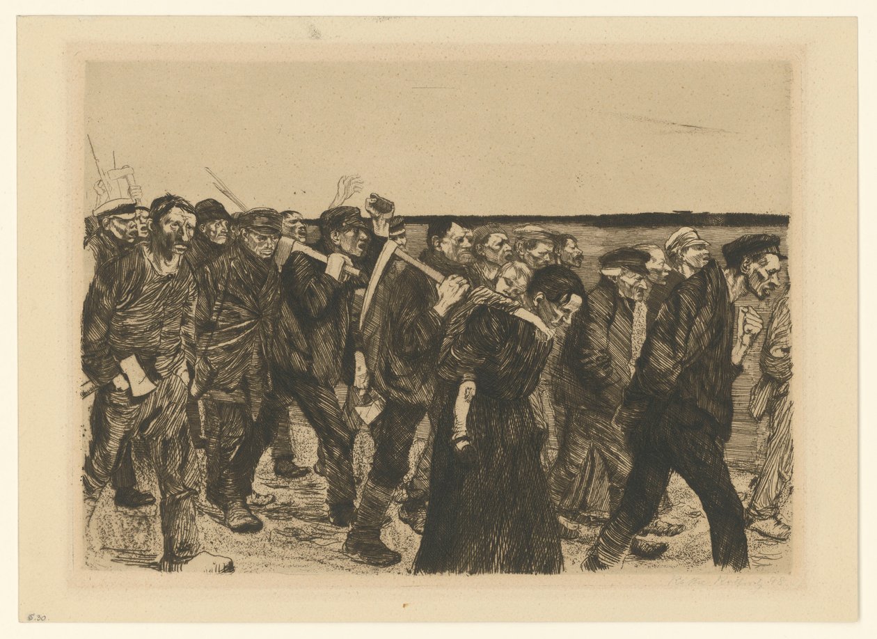 Pochód tkaczy (plansza 4 z „Buntu tkaczy”, stan 2.) autorstwa Käthe Kollwitz