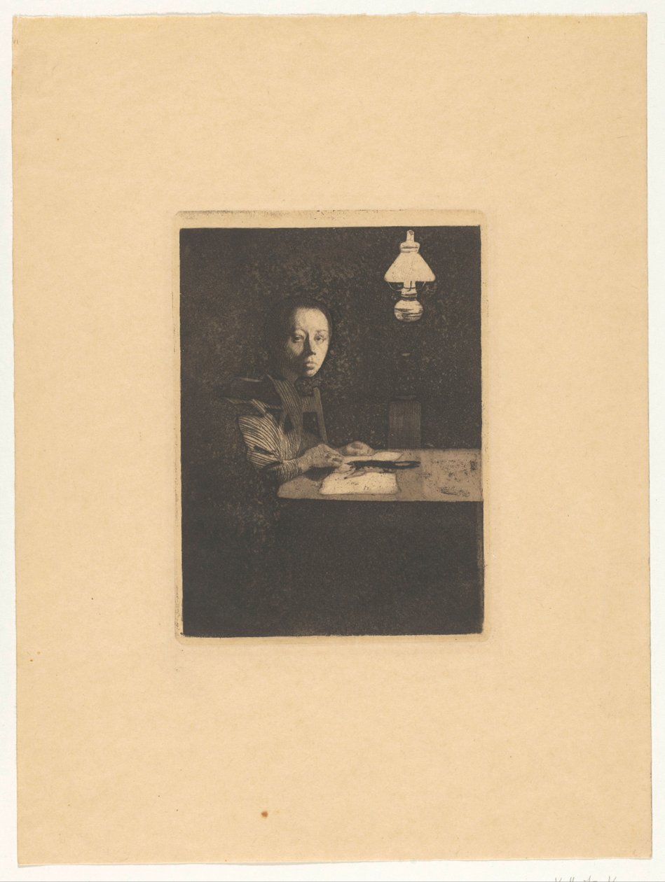 Portret celi na stole Autoportret przy stole (tytuł oryginalny) autorstwa Käthe Kollwitz